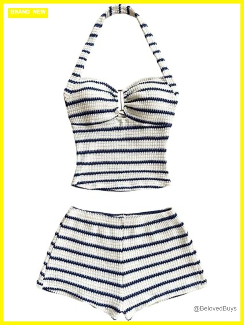Women's Striped Crochet Halter Top & Shorts 2 Piece Beach Set